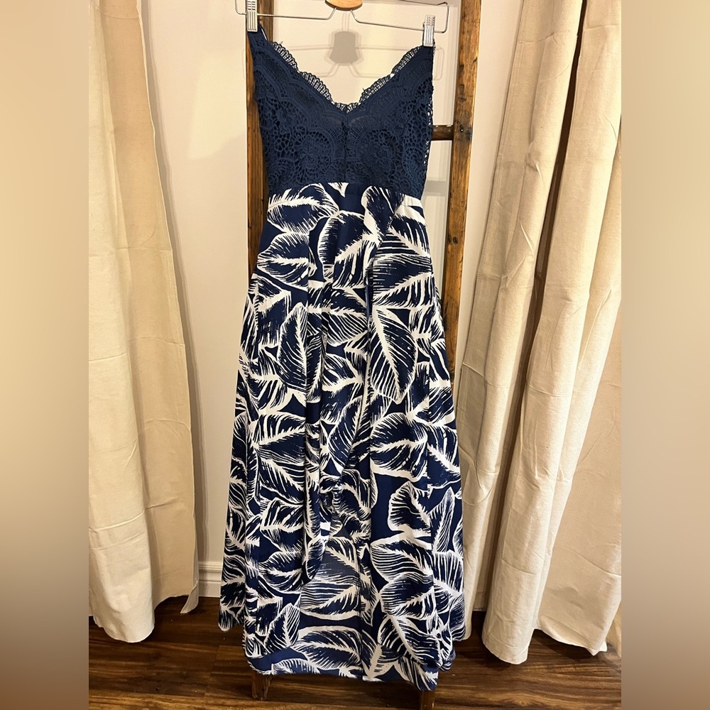 Navy and White Leaf Print Maxi Dress